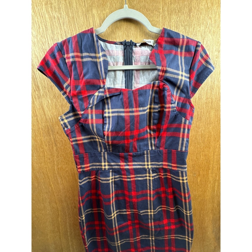 Grace Karin Plaid Sheath Dress Womens Size M Navy Red Cap Sleeve Bodycon - Picture 3 of 8